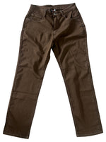 The Monticule Garret Reynolds Sig Pants are brown straight-leg BMX pants with front and back pockets, made from durable, flexible fabric and shown on a white background.
