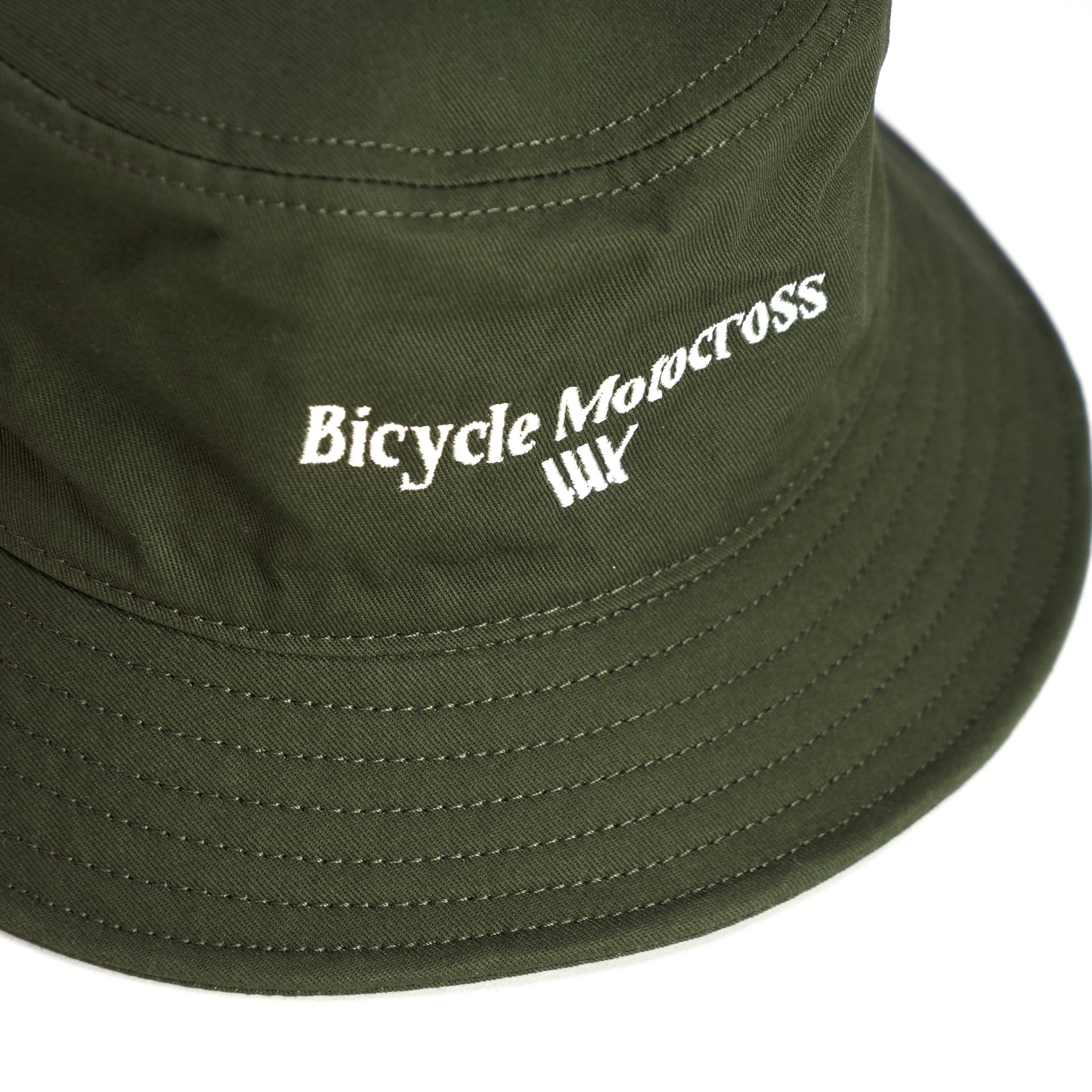 Olive bucket hat with "Bicycle Motocross" and a small BMX graphic embroidered in white, available as the LUXBMX Bicycle Motocross Bucket Hat Olive.
