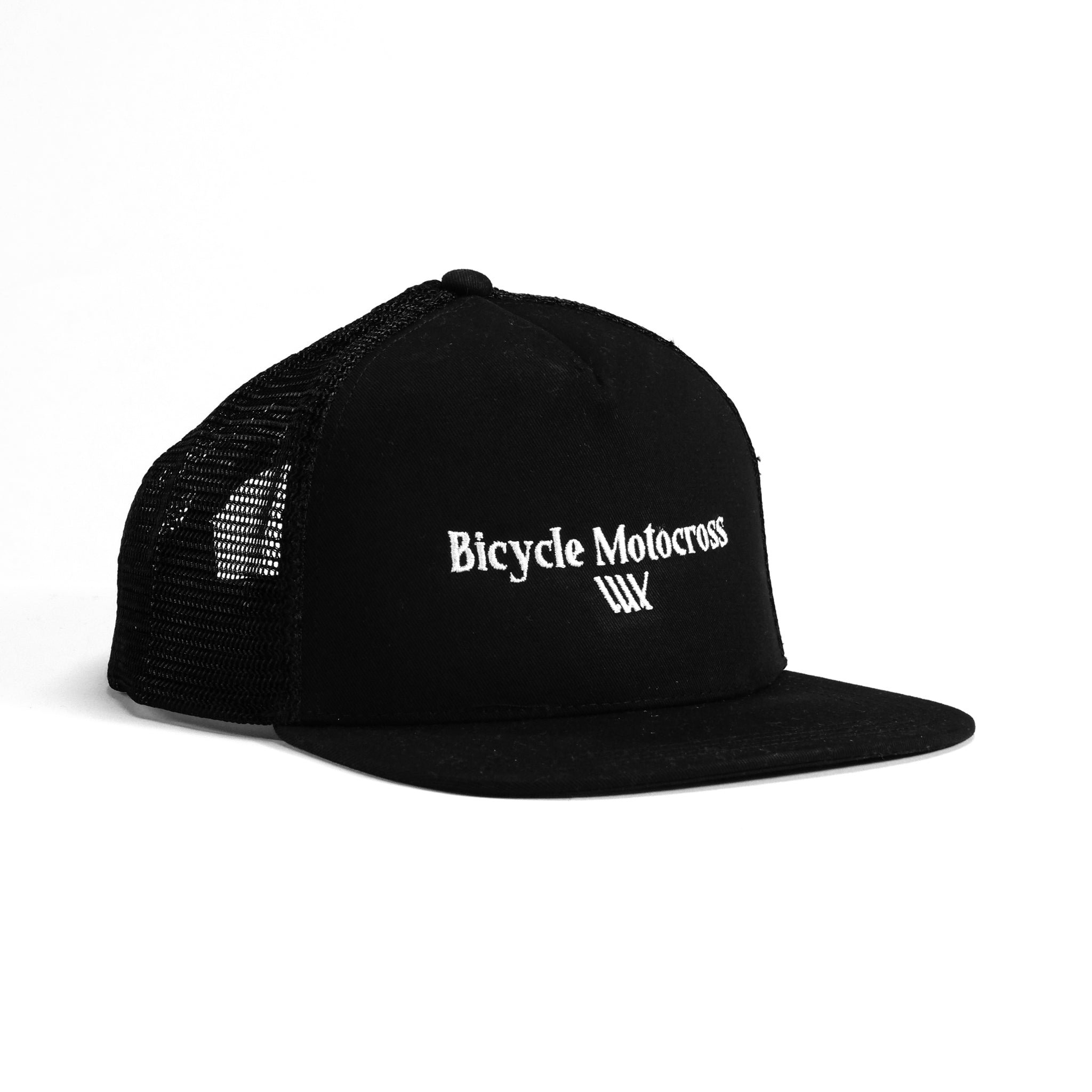 The LUXBMX Bicycle Motocross Trucker Cap in black features white "Bicycle Motocross" text and a small BMX graphic on the front, complemented by a mesh back panel, and is displayed against a white background.