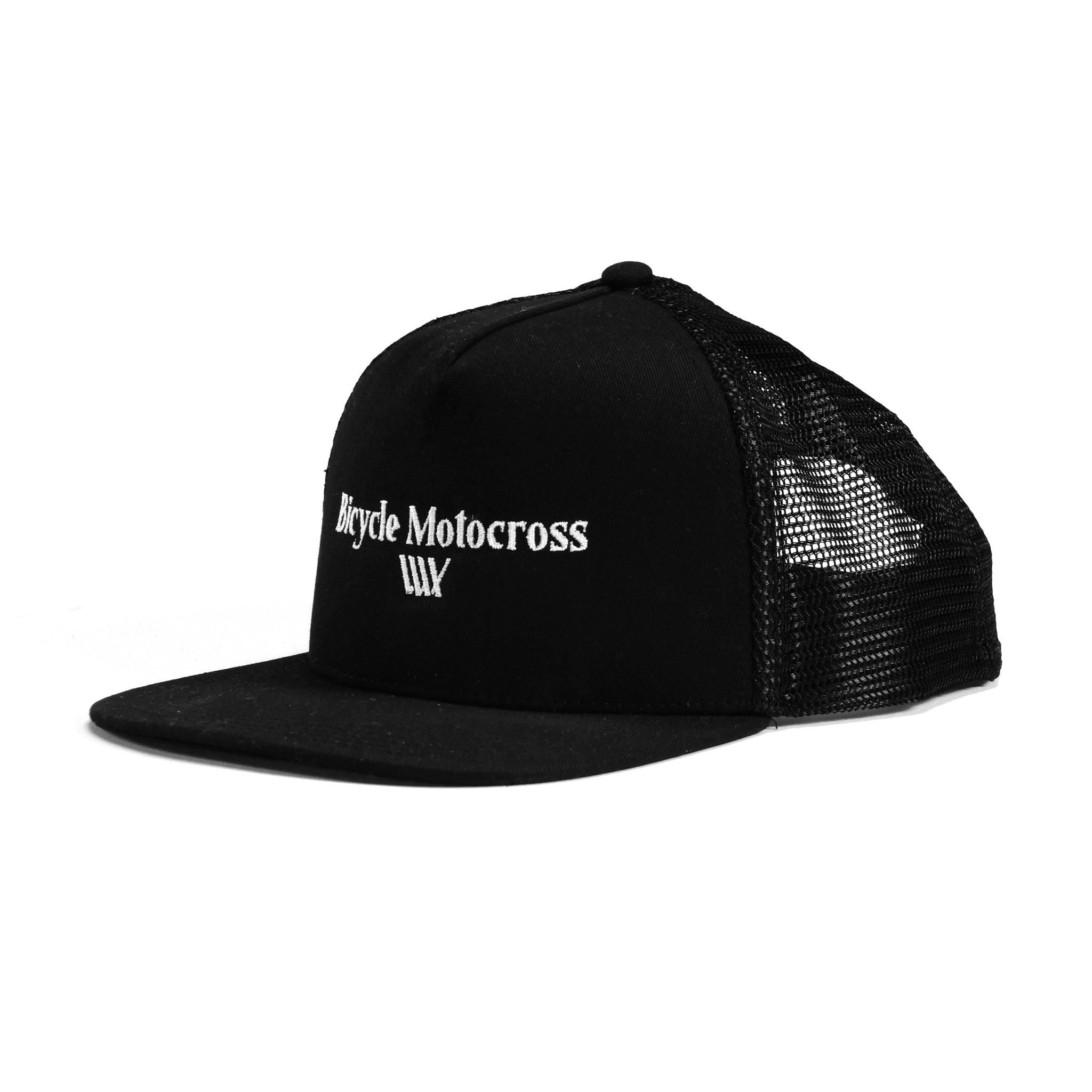 Introducing the LUXBMX Bicycle Motocross Trucker Cap in Black, featuring a solid front panel with "Bicycle Motocross" elegantly embroidered in white and a breathable black mesh back.