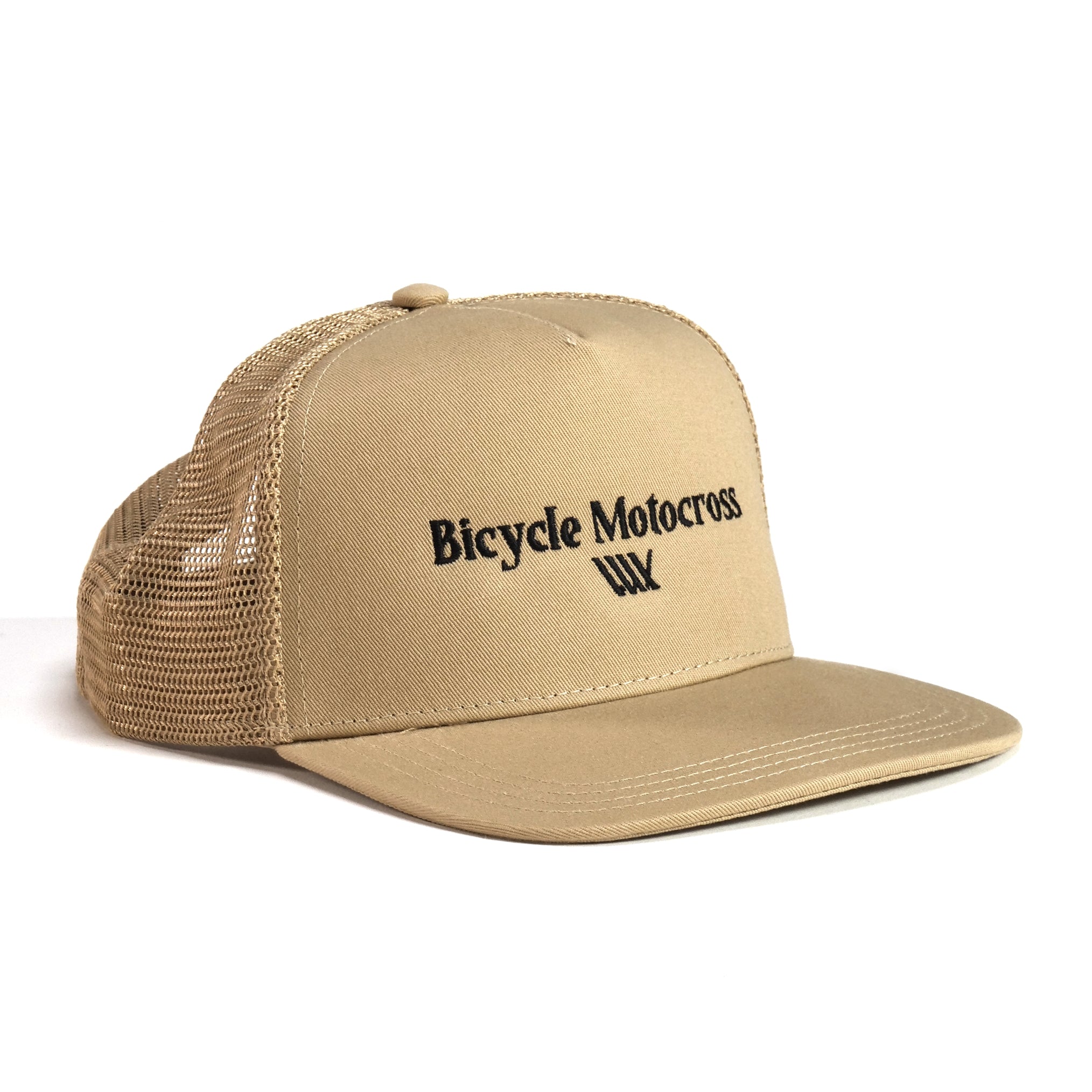 The LUXBMX Bicycle Motocross Trucker Cap Khaki features a beige mesh design with "Bicycle Motocross" embroidered in black on the front, making it perfect for any BMX enthusiast.