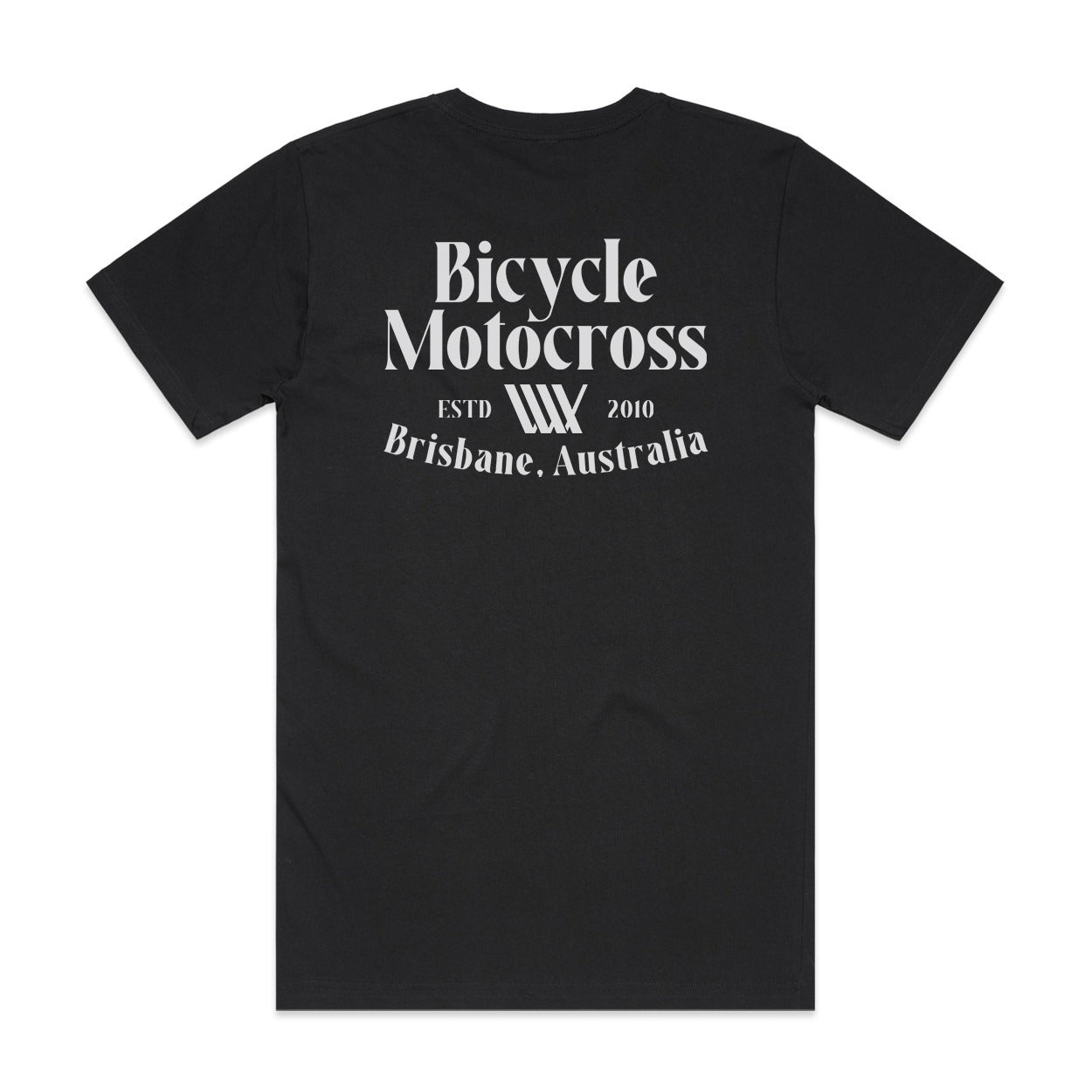 LUXBMX Bicycle Motocross Tee Black with white text on the back reading "Bicycle Motocross, ESTD 2010, Brisbane, Australia.