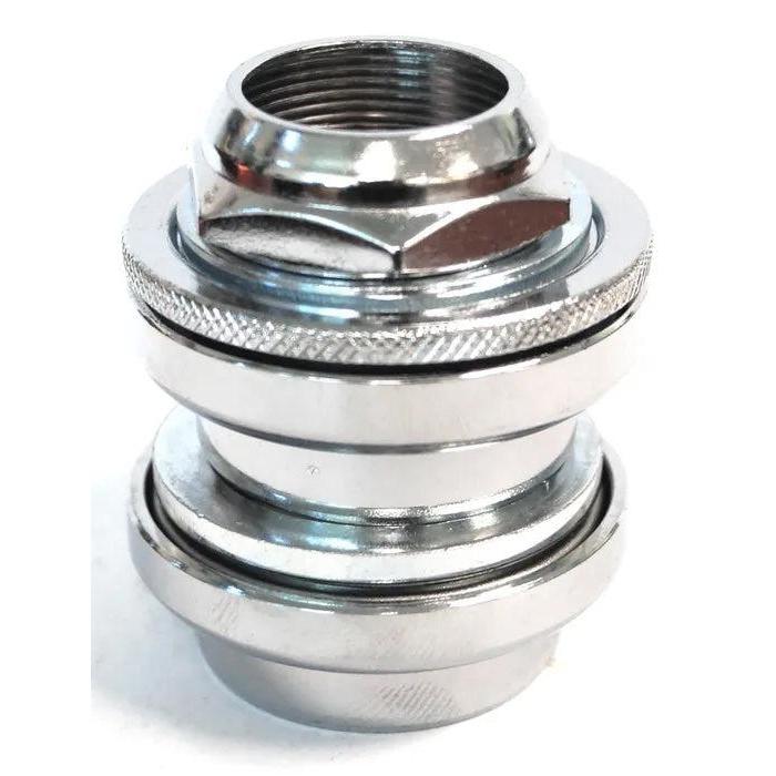 Neco Threaded 1 Inch BMX Push In Headset: A metallic, cylindrical connector featuring threaded ends and grooved sides, ideal for joining sections of pipe or tubing. Perfectly compatible with Neco Threaded Headset systems.