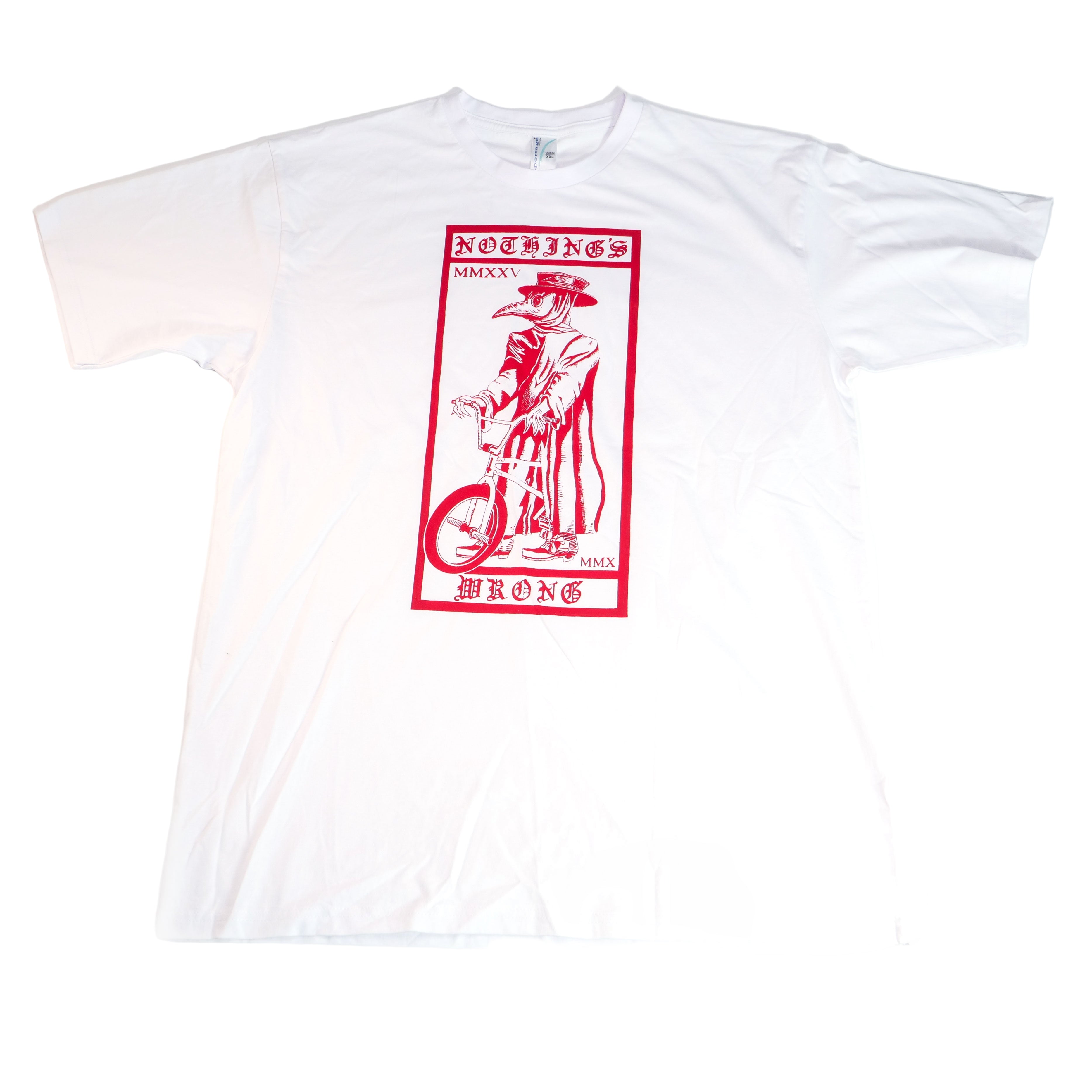 The Nothing's Wrong Plague T-Shirt features a red graphic of a cyclist in a long coat and hat, framed by "NOTHING'S WRONG" and MMXXI. Expertly hand-printed on soft, recycled fabric for a unique, eco-friendly style.