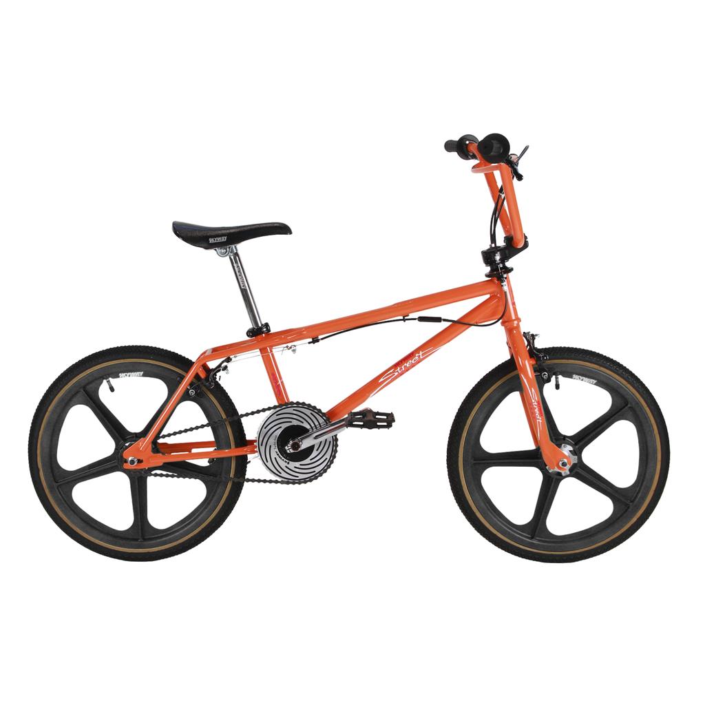 The Skyway Street Beat EX 20 Inch Bike features black wheels and a strong 4130 chromoly frame.