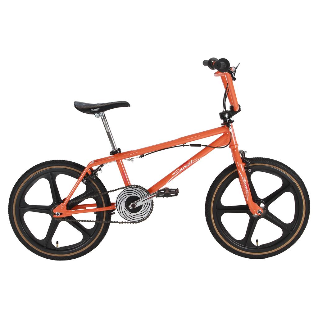 The Skyway Street Beat 20 Inch Bike is an orange BMX with black mag wheels, a black saddle, and black handlebars, shown in profile on a white background.