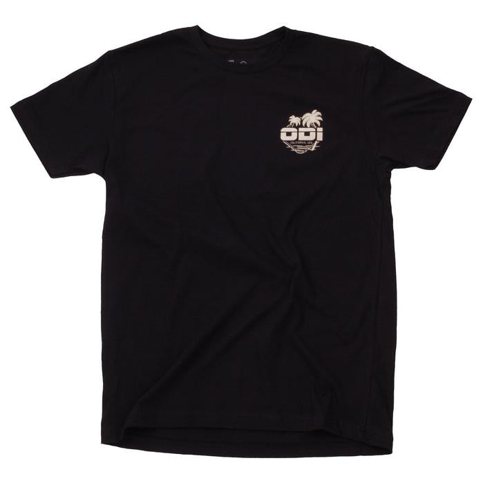 Experience ultimate comfort with our ODI California T-Shirt. This black tee, crafted from flexible fabric, features a small logo with palm trees and stylized text on the left chest, offering a lightweight feel perfect for any occasion.