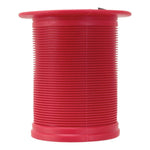 A red plastic Odi Long Neck Stubby Cooler with a rubber grip on a white background.