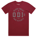 The ODI Token T-Shirt is a red, ring-spun cotton jersey with "Blood Sweat and Science ODI Co MFG" boldly printed on the front, ideal for riders who want to make a statement.
