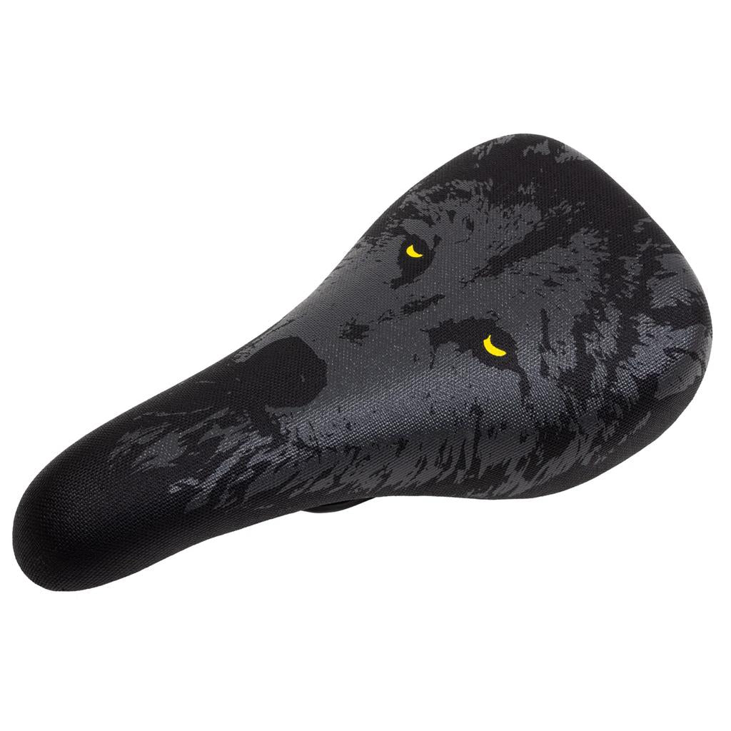 The Odyssey Aitken Nightwolf Railed Seat is black and features Mike Aitken’s graphic of a wolf’s face with striking yellow eyes.