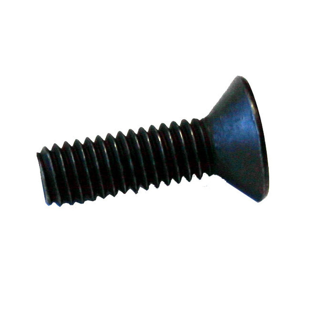 An Odyssey Evo 2 Brake Cap Bolt, characterized by its black flat head and countersunk design, is displayed lying horizontally against a white background.