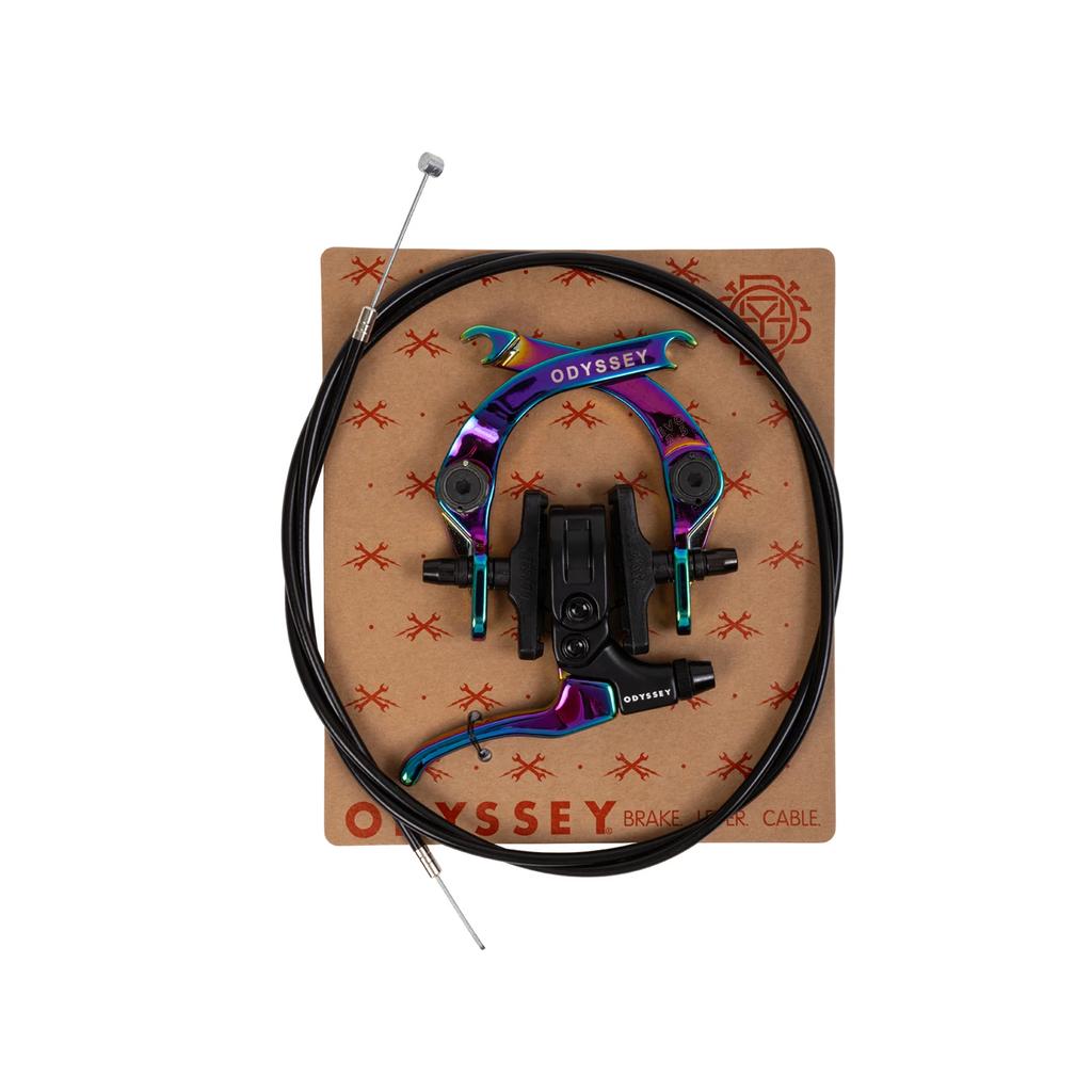 The Odyssey Evo 2.5 Brake Kit, featuring a brake lever, Evo 2.5 caliper, and cable set in an oil slick finish, is shown on branded packaging with modular hardware and durable aluminum for reliable performance.