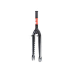 The black Odyssey F-Zero Flatland Forks are crafted from durable chromoly, featuring "Odyssey" on one side and a red label near the top, as part of the 41-Thermal F-Series collection for superior strength and performance.