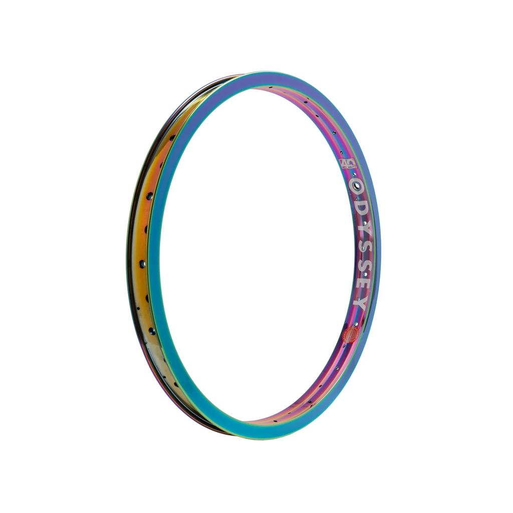 The Odyssey Hazard Lite 40th Anniversary Rim features a rainbow iridescent finish with evenly spaced spoke holes and "ODYSSEY" text.