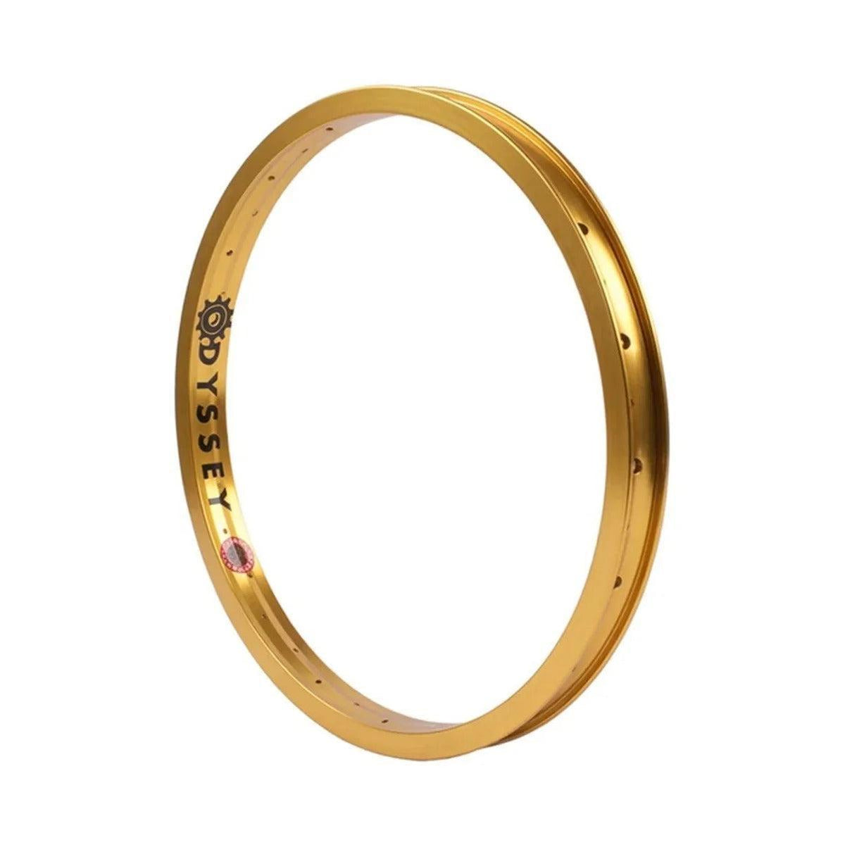 Gold Odyssey Hazard Lite rim with spoke holes and a black brand logo on the side.