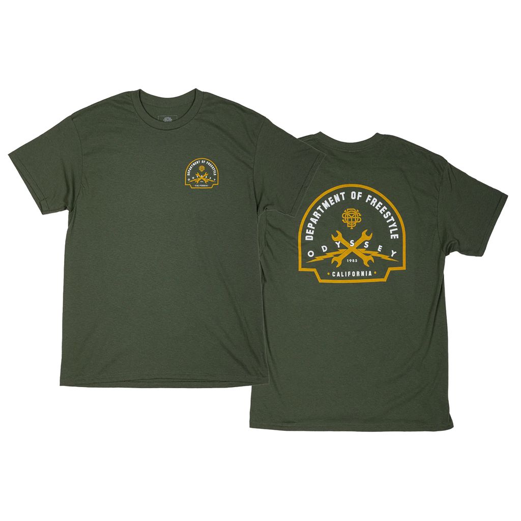 The Odyssey Service T-Shirt is green with a "Department of Freestyle" design on the back and a smaller emblem on the front. The design features the text "Odyssey California" with yellow graphics, giving it a distinct freestyle department uniform vibe.