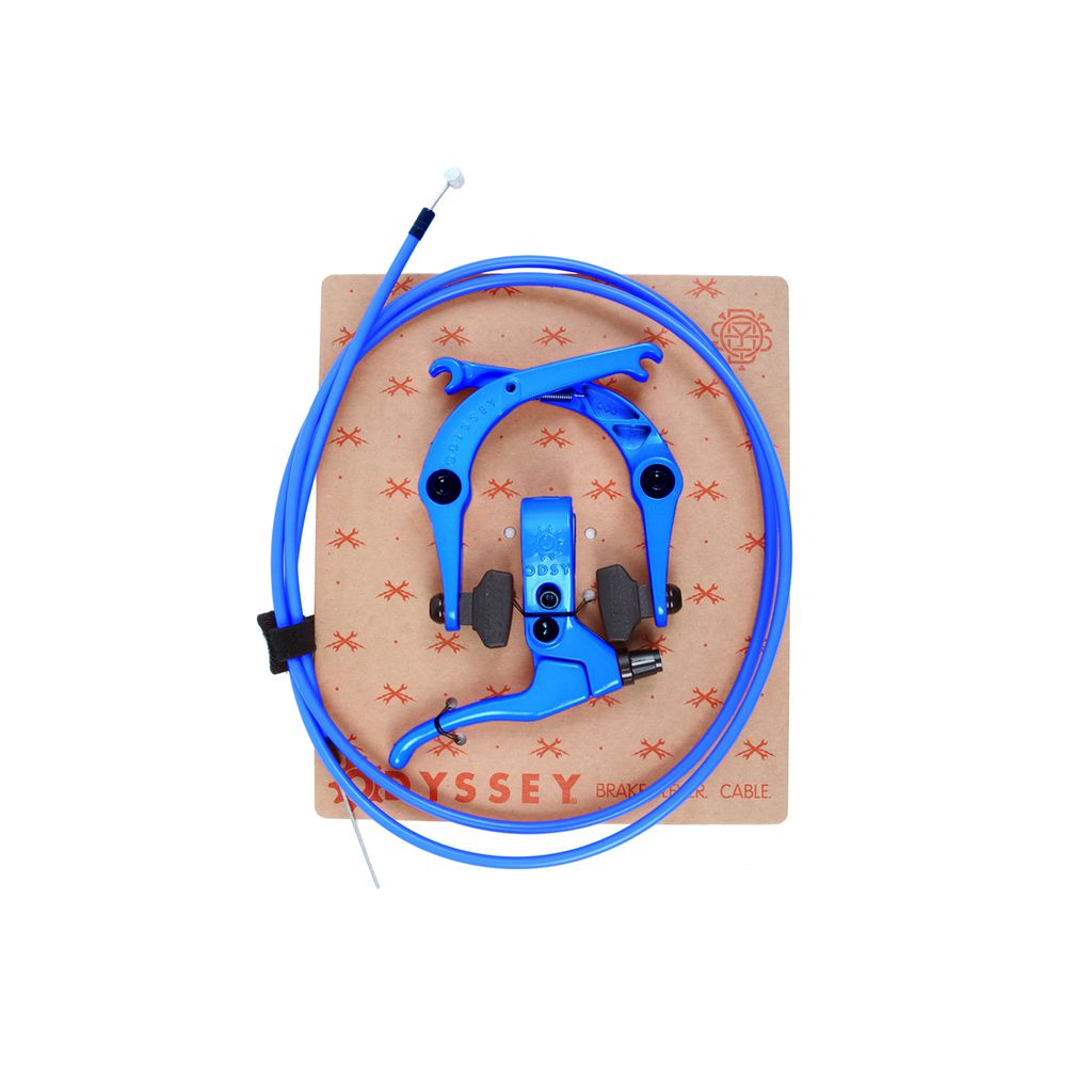 The Odyssey Springfield Brake Kit provides a simple assembly for a blue brake set with a cable, all beautifully packaged on a brown cardboard backing. It's ideal for those looking to enhance their bicycle's braking performance.