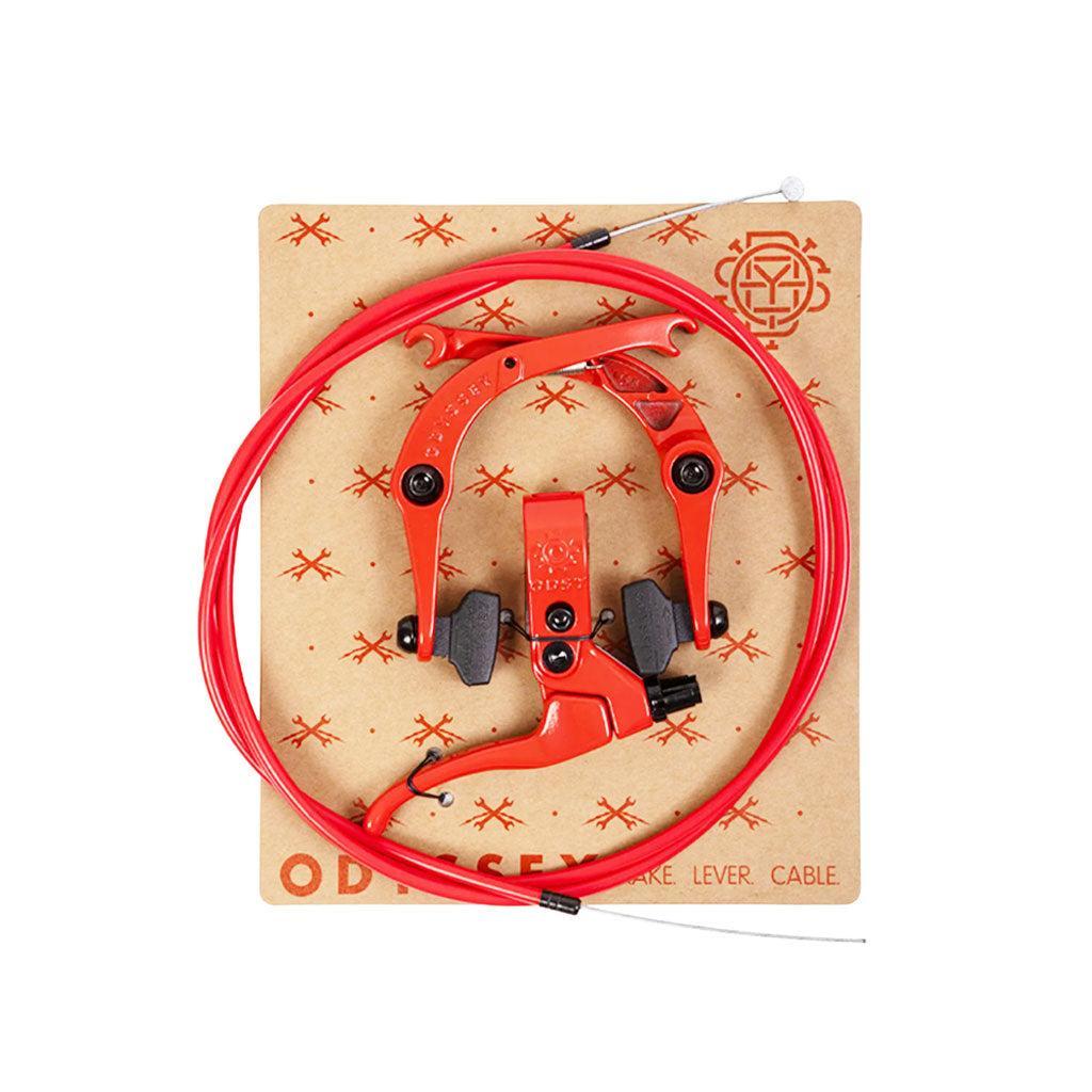The Odyssey Springfield Brake Kit, with its vibrant red lever and cable set, is beautifully presented on decorative cardboard backing.