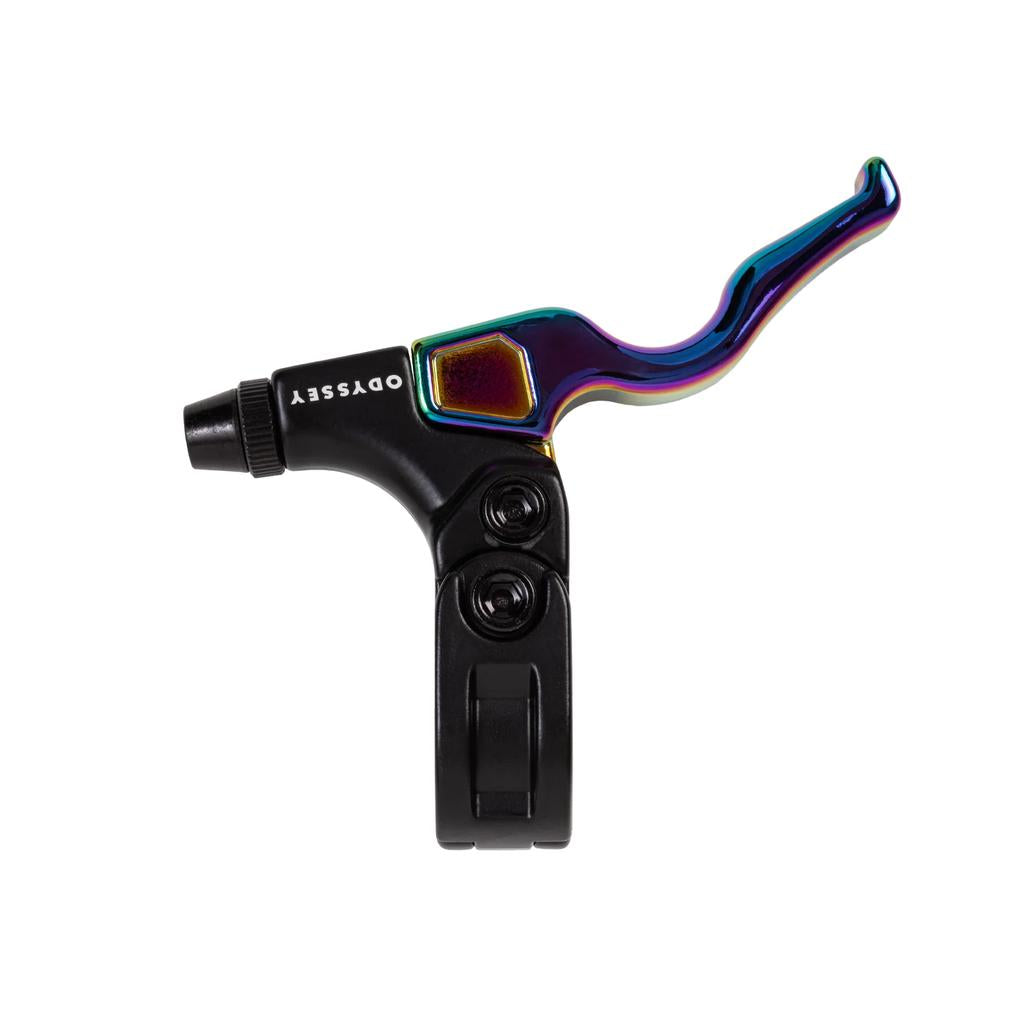 A close-up of the Odyssey Monolever Trigger Lever shows its black base, rainbow-finish lever, and white "Odyssey" logo. This gyro-compatible brake lever is ideal for advanced BMX setups.
