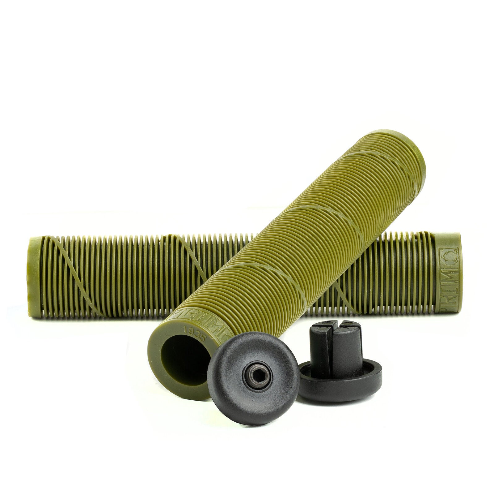 Two Primo Chase D Grips in green, featuring an extra-long ribbed cylindrical design with black end caps, displayed on a white background.