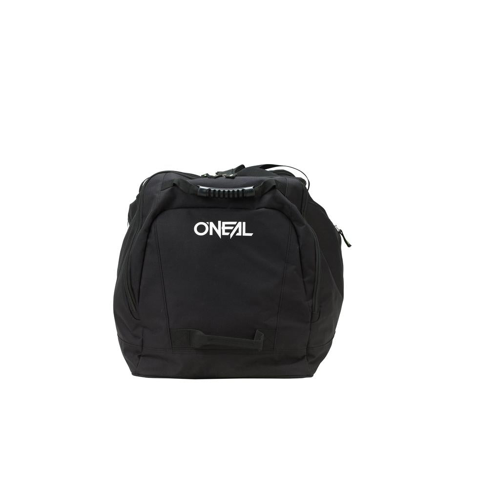 The Oneal TX800 Gear Bag is crafted from durable black 600D polyester and features a white logo, zippers, and a convenient carrying handle.