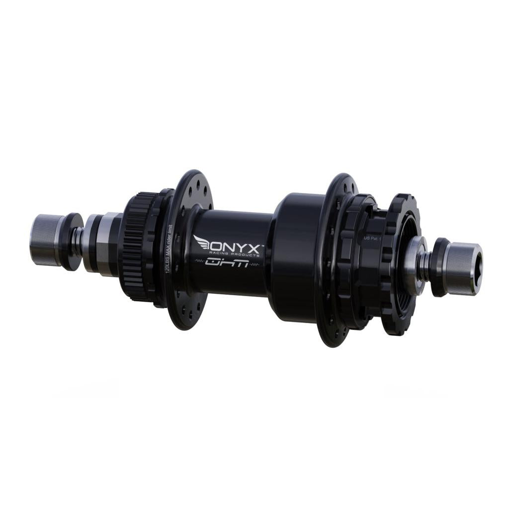 The Onyx BMX OHM CL HG-110/10mm Bolt-on Rear Hub, in black, is shown on a white background. Designed for BMX racing, it features multiple flanges and axles plus Sprag Clutch engagement for instant power transfer.