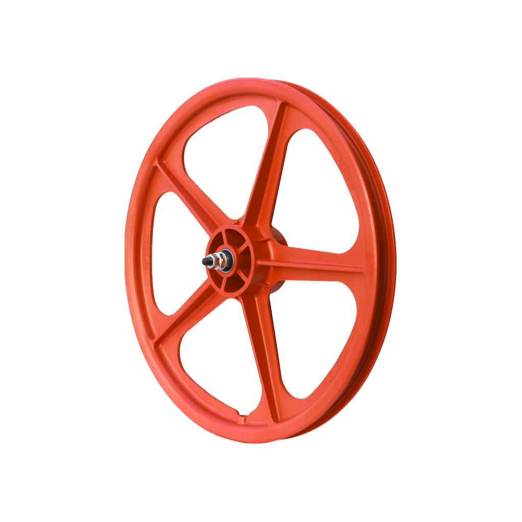 A red Skyway Tuff 5 Spoke Rear Wheel on a white background, featuring sealed bearing axles.