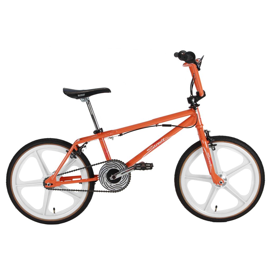 The Skyway Street Beat 20 Inch Bike is an orange BMX with a black seat, white mag wheels, and multiple gears, shown from the side on a white background.