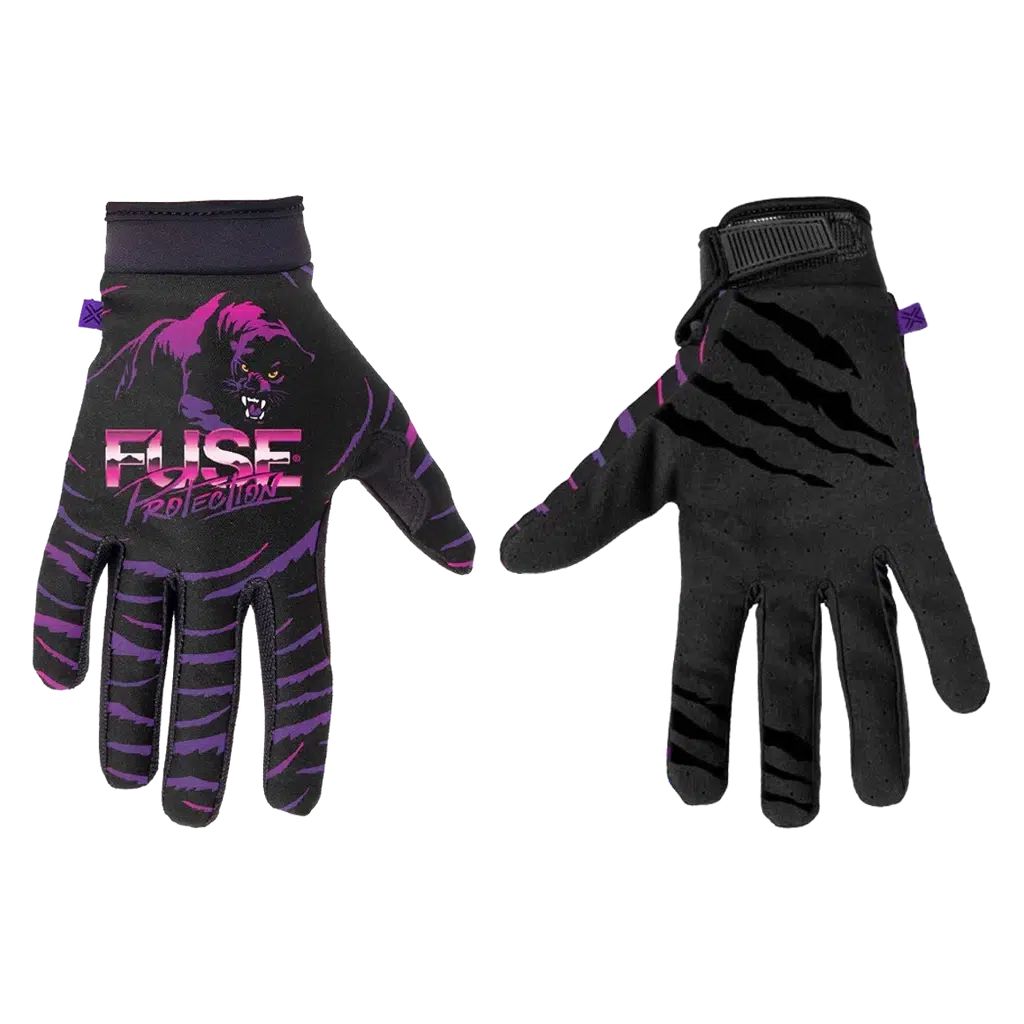A vibrant pair of Fuse Chroma Night Panther gloves showcasing the word "fuse" for a daring rider looking to add a pop of colors to their ensemble.
