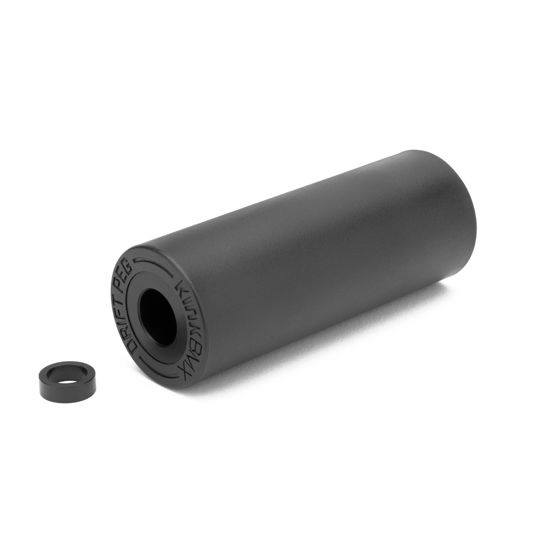 A 4.8-inch Kink Drift Peg in black, featuring a durable nylon sleeve, is shown next to a small circular spacer, both displayed on a white background.