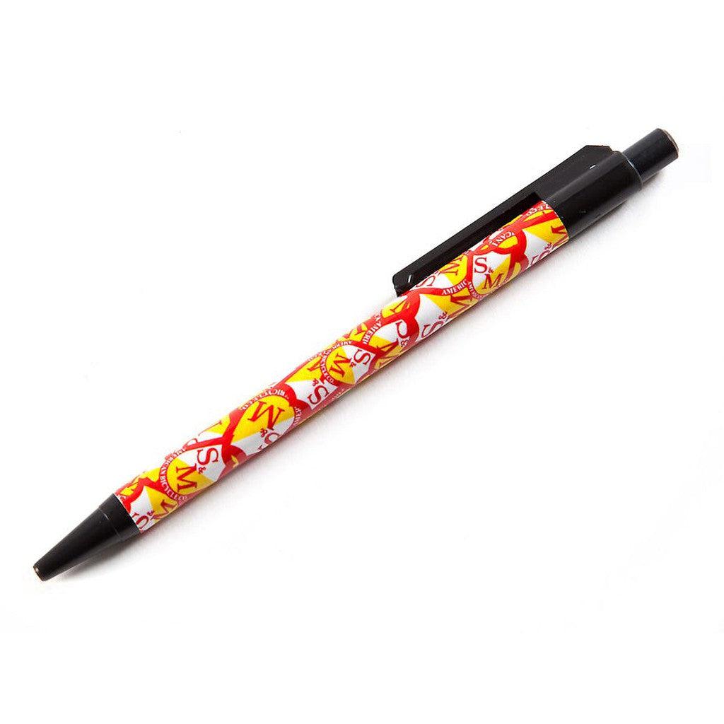 A S&M Shield Pen with a patterned design of red and yellow cartoon-style letters on the barrel, inspired by dreams and a black clip perfect for budding artists.