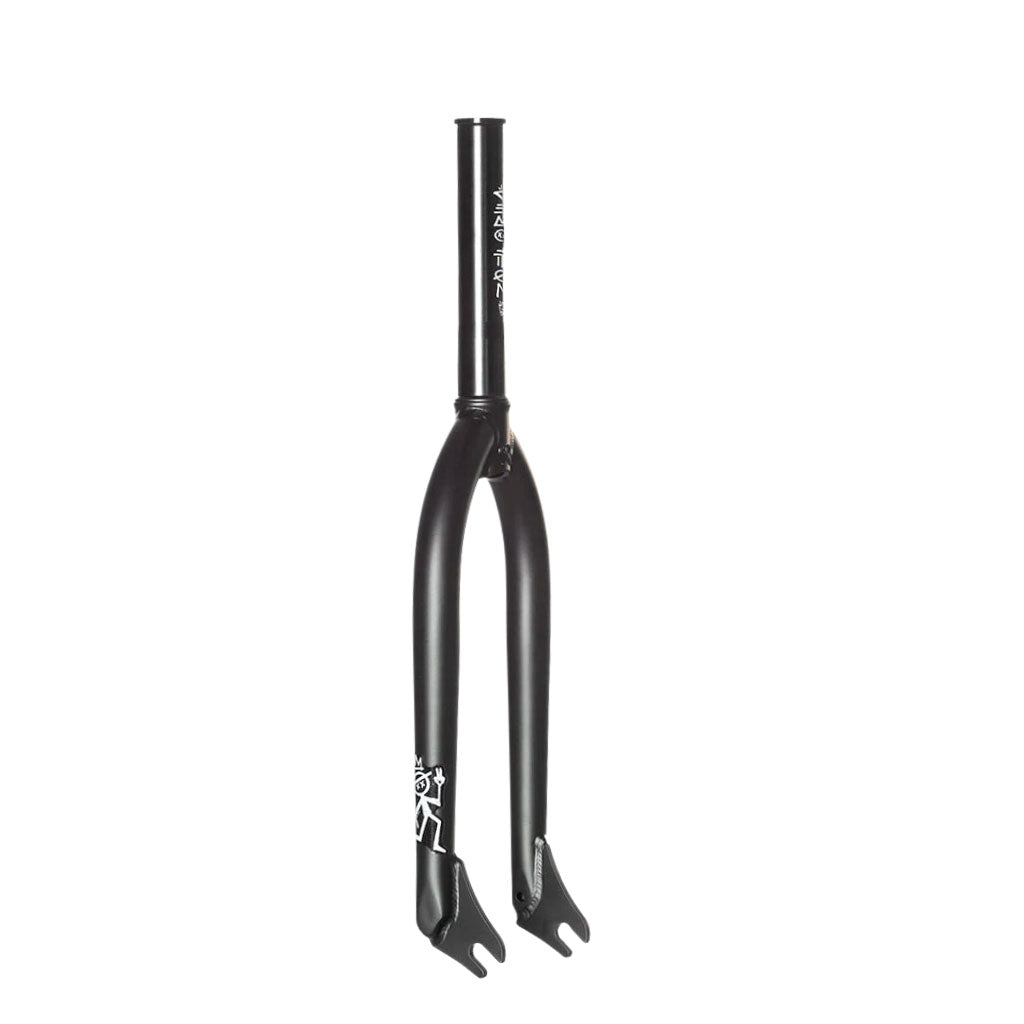 The Demolition Peraza Forks are black bicycle forks featuring tapered legs and a straight steerer tube. Crafted from heat-treated CRMO with dropouts, they also showcase a small white graphic of a knight near the bottom, reminiscent of Kevin Peraza's signature style.