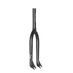 The Demolition Peraza Forks are black bicycle forks featuring tapered legs and a straight steerer tube. Crafted from heat-treated CRMO with dropouts, they also showcase a small white graphic of a knight near the bottom, reminiscent of Kevin Peraza's signature style.