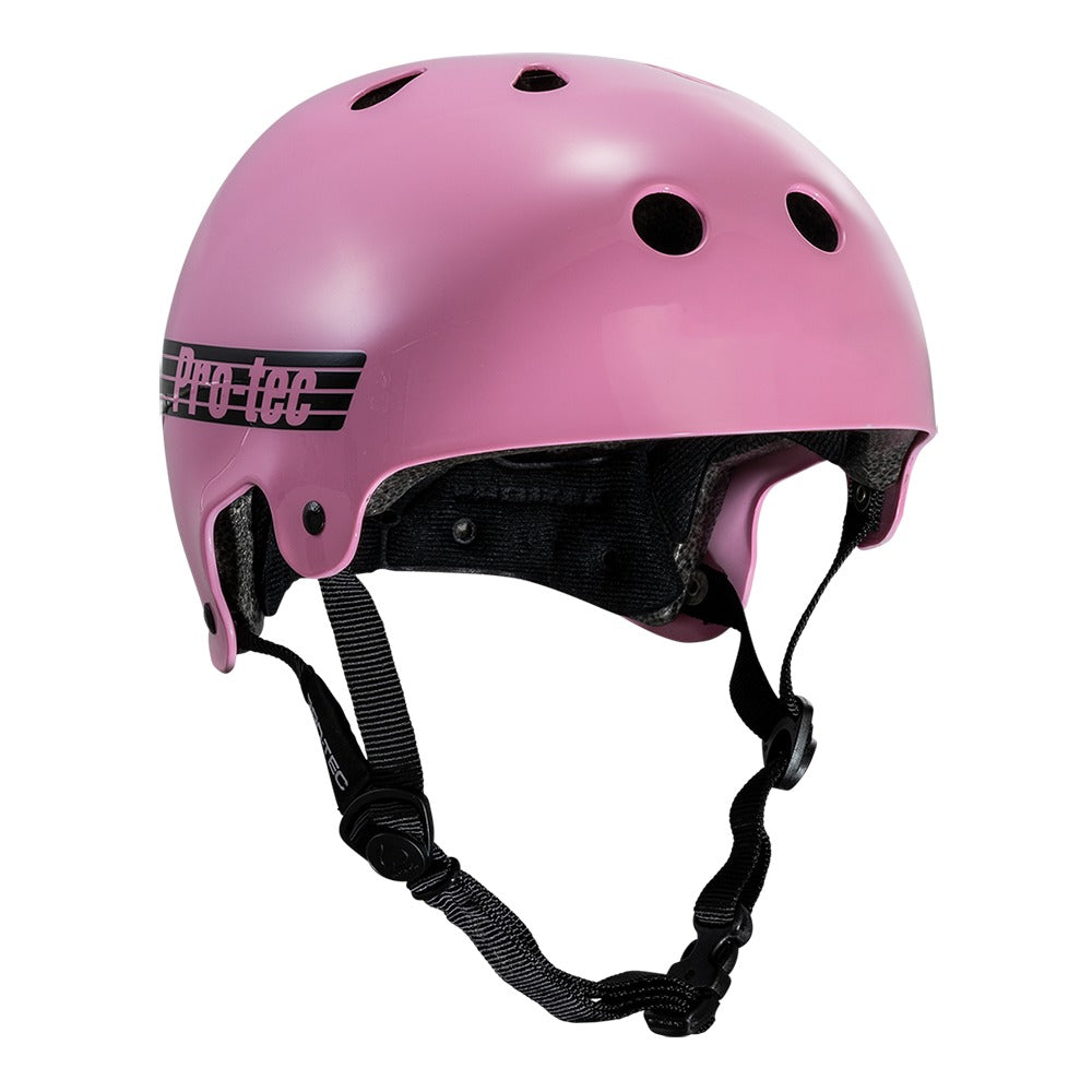 A Protec Old School Certified Helmet / Gloss Pink with a retro shape and a black logo on it.