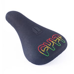 The Cult Rasta Pivotal Seat features black textured material and "CHILL" embroidered in a rasta gradient on the rear—perfect for a stylish BMX seat upgrade.