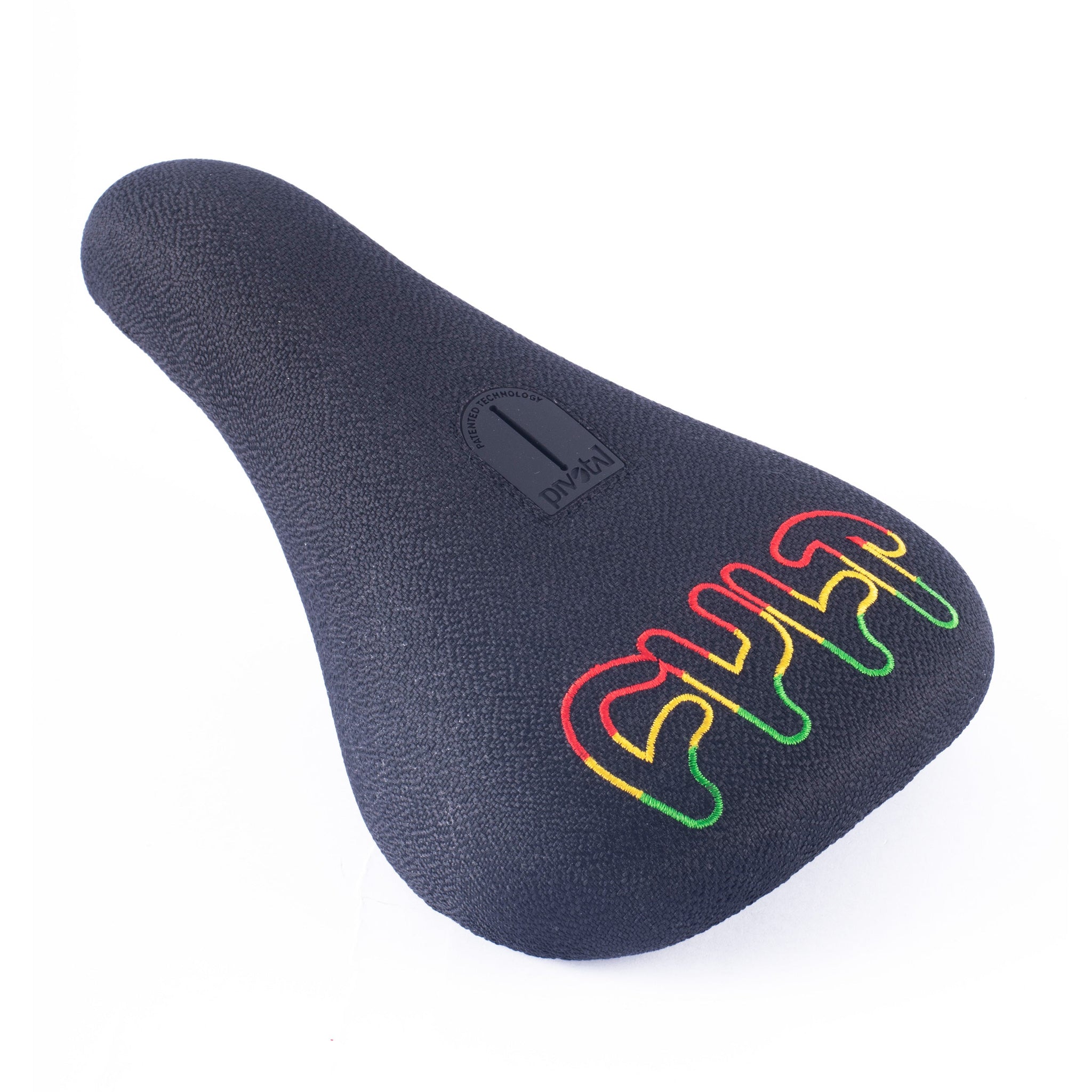 The Cult Rasta Pivotal Seat features black textured material and "CHILL" embroidered in a rasta gradient on the rear—perfect for a stylish BMX seat upgrade.