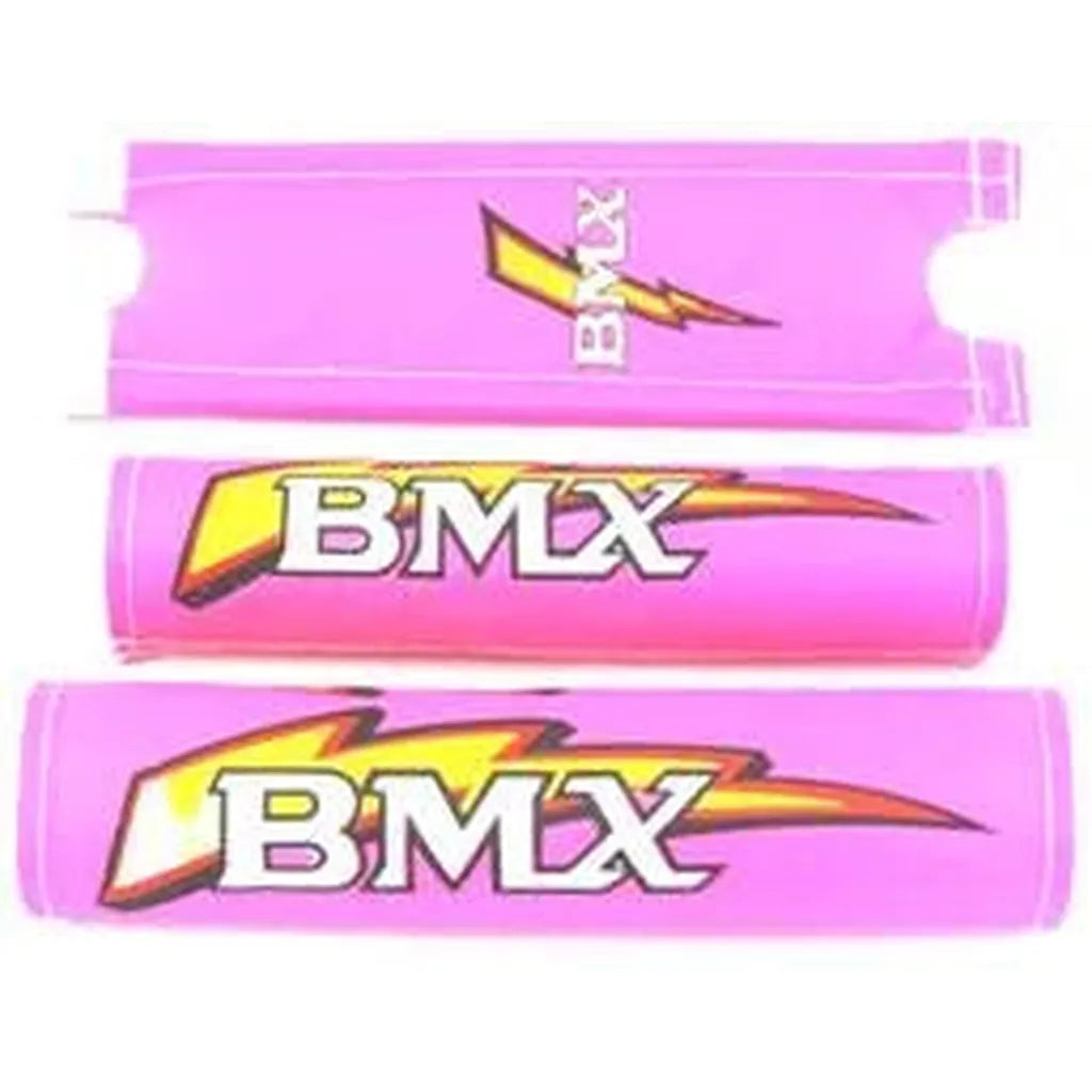 Add style to your ride with the BMX Crash Pad Set—three pink foam pads featuring yellow lightning bolt graphics and "BMX" text. Available in various sizes to suit your needs.
