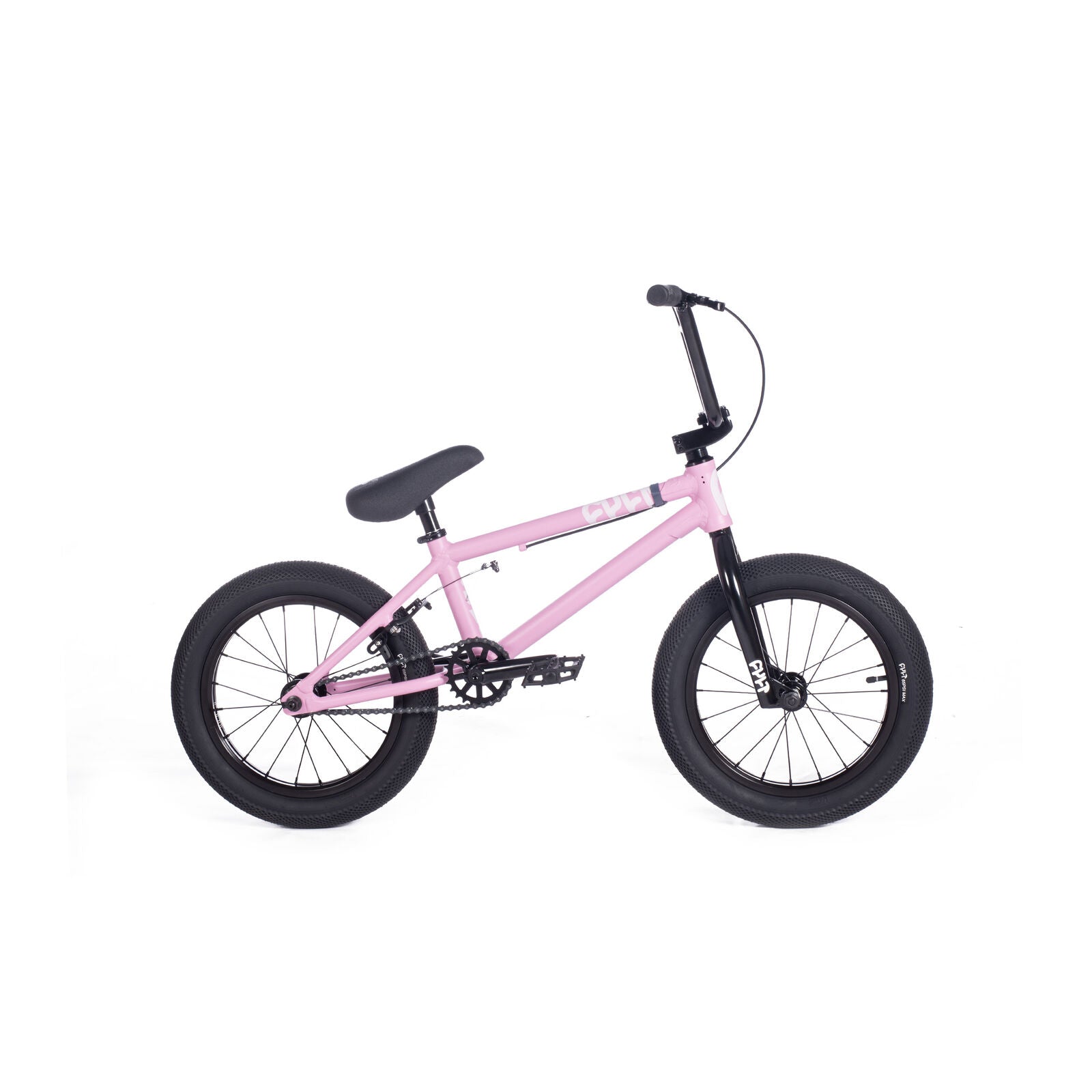 The Cult Juvi 16 Inch Bike is a pink kids BMX with a lightweight aluminium frame, black tires, seat, and handlebars, shown on a white background.