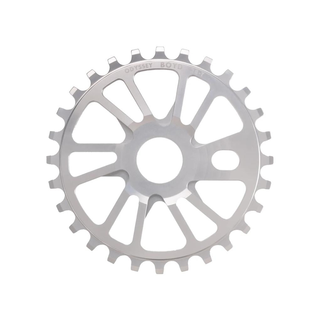 The Odyssey Boyd Sprocket is a silver metal BMX sprocket with 23 teeth, "Odyssey Boyd" labeling at the top, a central hole, and multiple spokes—ideal for any Odyssey BMX or Boyd Hilder setup.