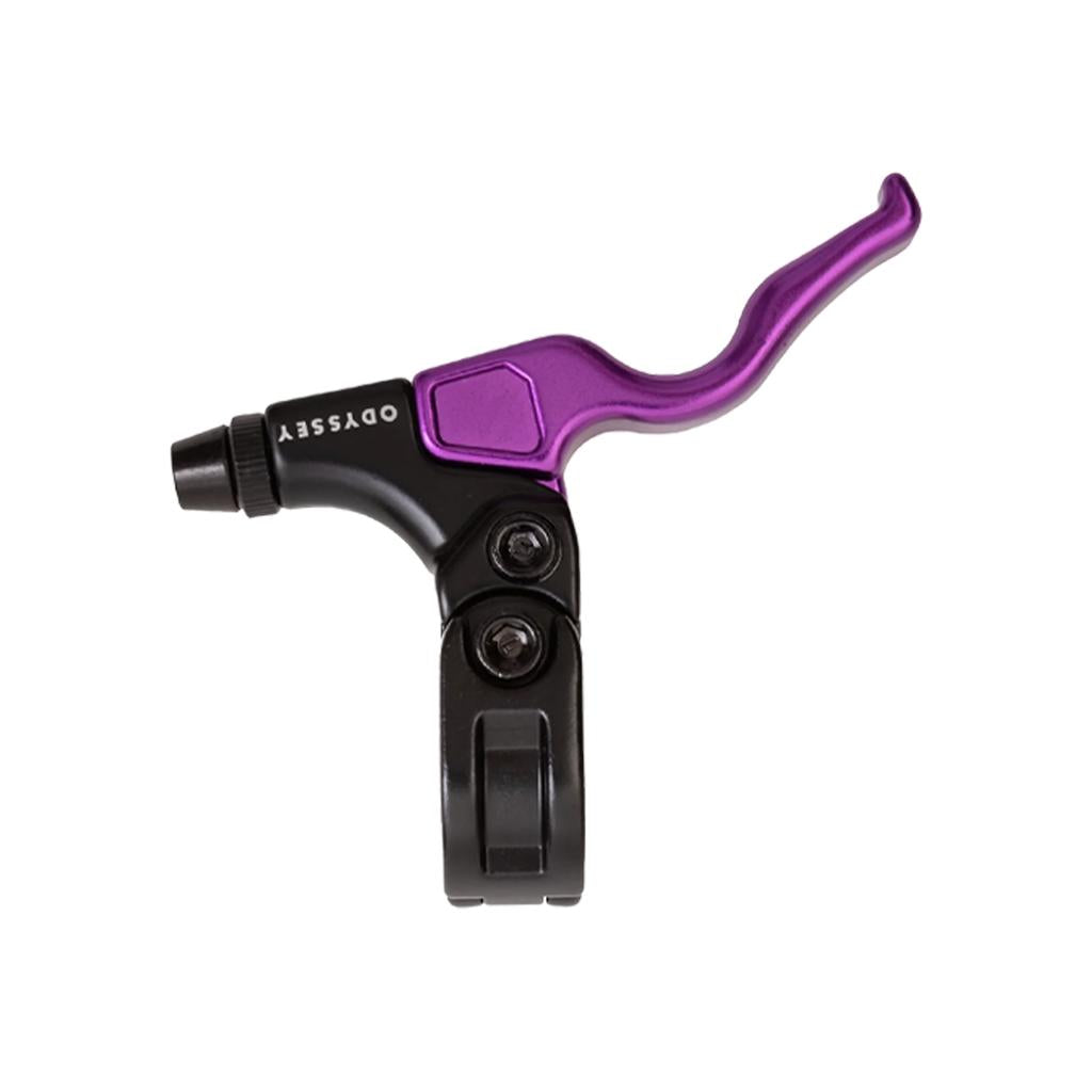 The Odyssey Monolever Trigger Lever is a black and purple premium BMX brake lever with visible mounting screws, designed for gyro compatibility.