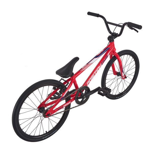 A durable red Position One Expert Bike (2024) with an aluminium frame on a white background.