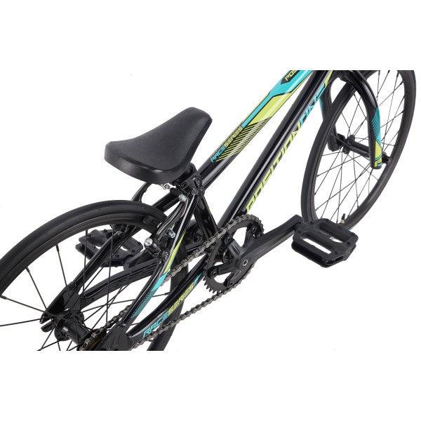 A black and blue Position One Junior Bike (2024) with an all aluminium frame and 100% CrMo forks, situated on a white background.