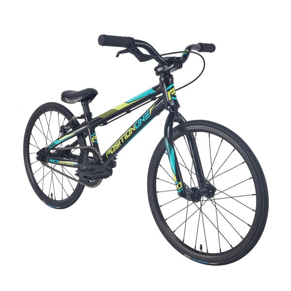 A black and blue Position One Micro 18 Bike (2024) on a white background.