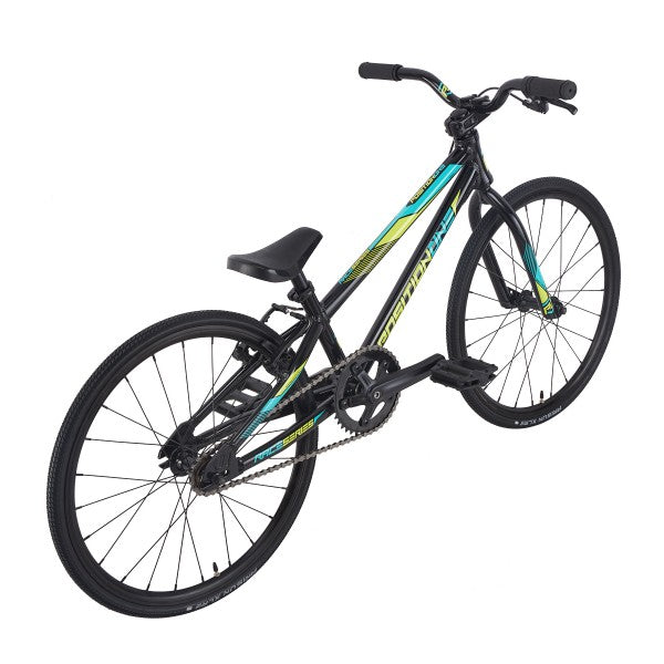 A black and blue Position One Mini Bike (2024) with an aluminium frame on a white background.
