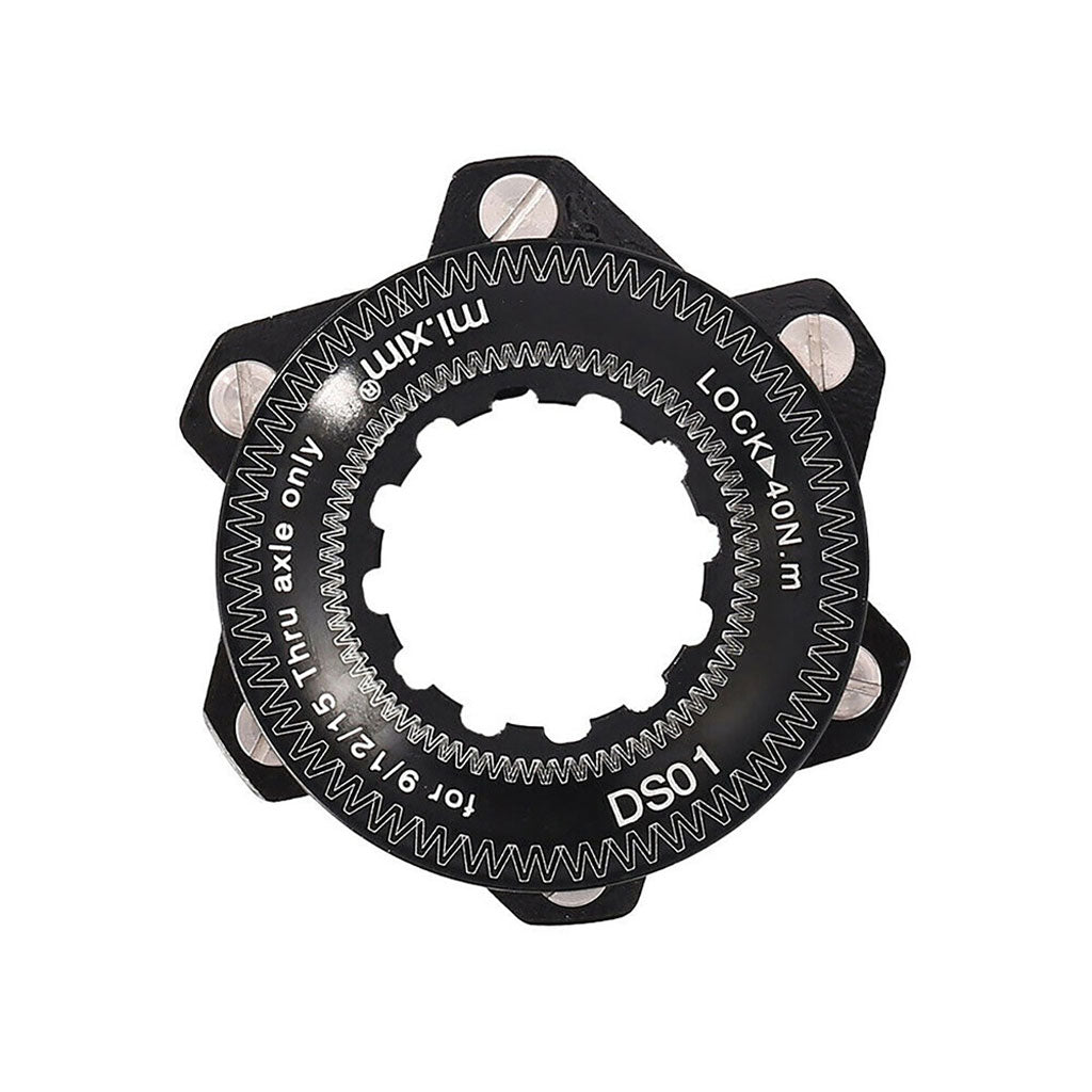 A black bicycle chainring with a POSITION ONE ISO CENTER LOCK DISC ADAPTER.
