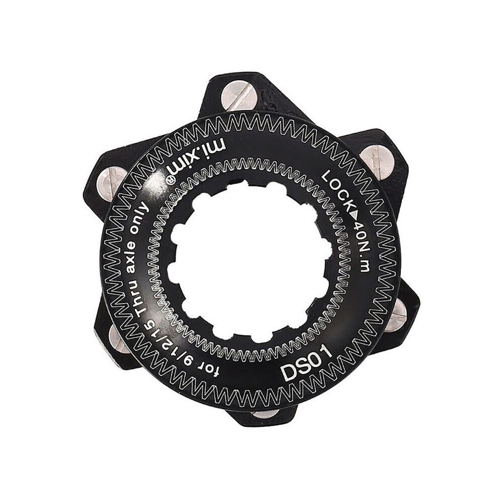 A close-up view of a black and silver bicycle rotor lockring labeled "DS01" with specifications indicated around the edge, seamlessly integrating the Position One Centerlock ISO Adapter Kit for enhanced compatibility.