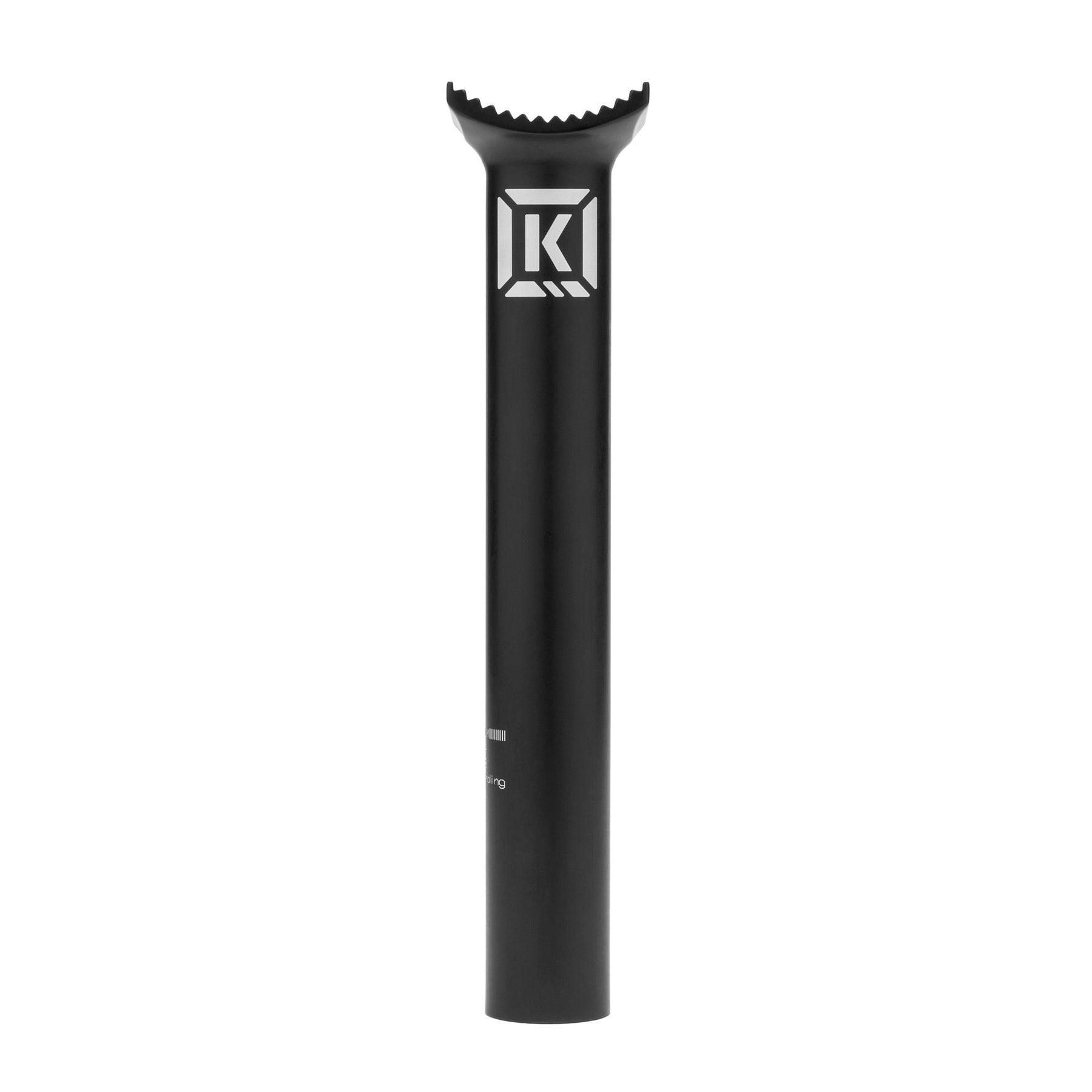 The Kink Pivotal Seat Post is a black 6061-T6 aluminum BMX seat post with a notched top and features a white "K" logo near the top.