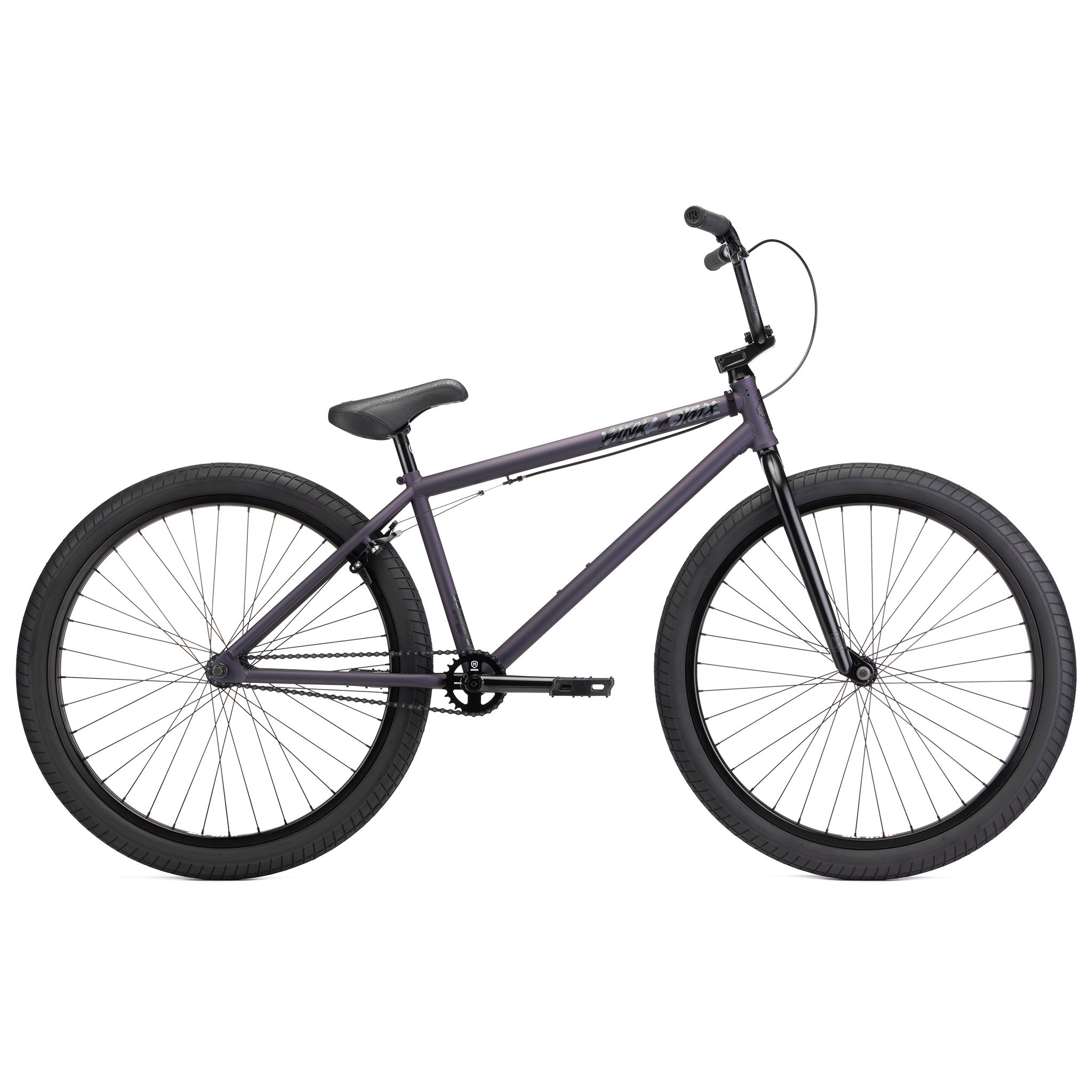 A black Kink Drifter 26 Inch Bike with purple frame and white lettering, displayed in a side profile view on a white background.