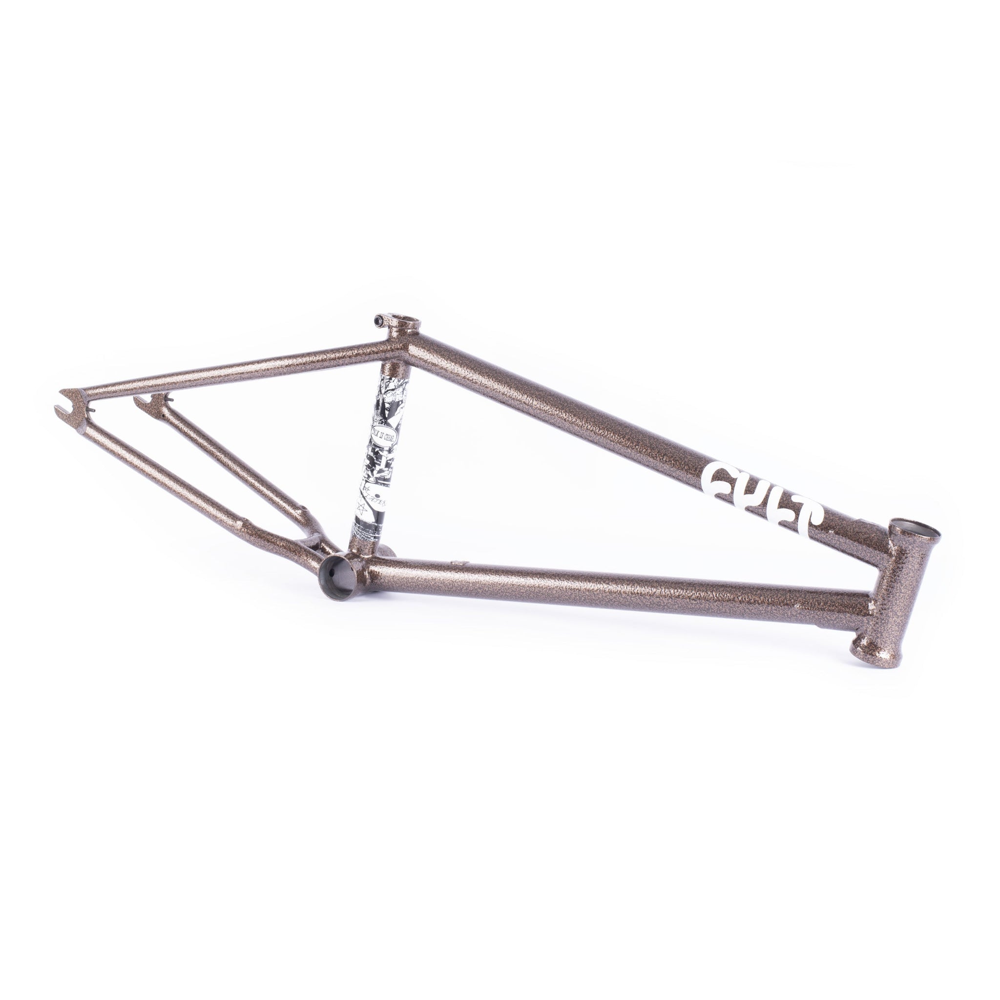 The Cult Walsh Frame (Preston Okert Signature) is a brown metallic BMX frame featuring a white decal on the down tube, shown against a plain white background with no wheels, seat, or handlebars attached.