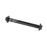 The Pride 15mm x 133mm Axle - Concorde v3 2025 is a black bicycle thru-axle with flared ends and white printed specs on the shaft.